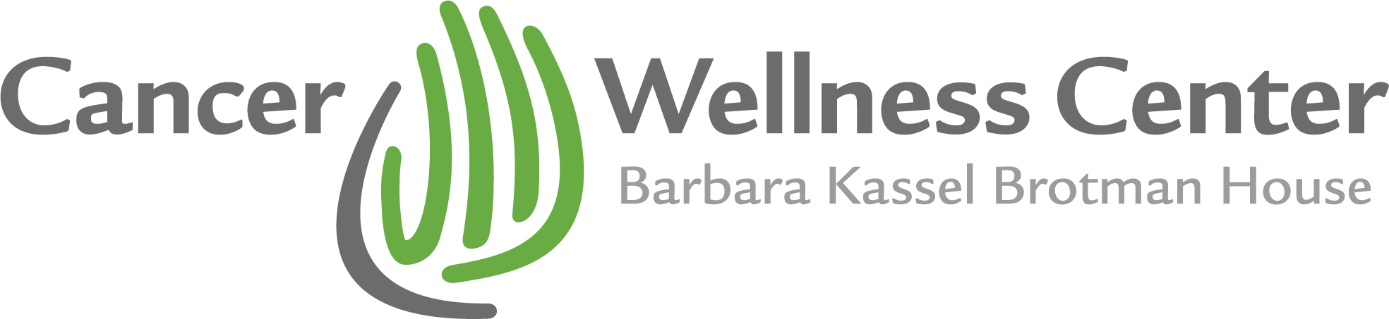 Logo for Cancer Wellness Center, Barbara Kassel Brotman House, featuring gray text and a green abstract leaf or hand design.
