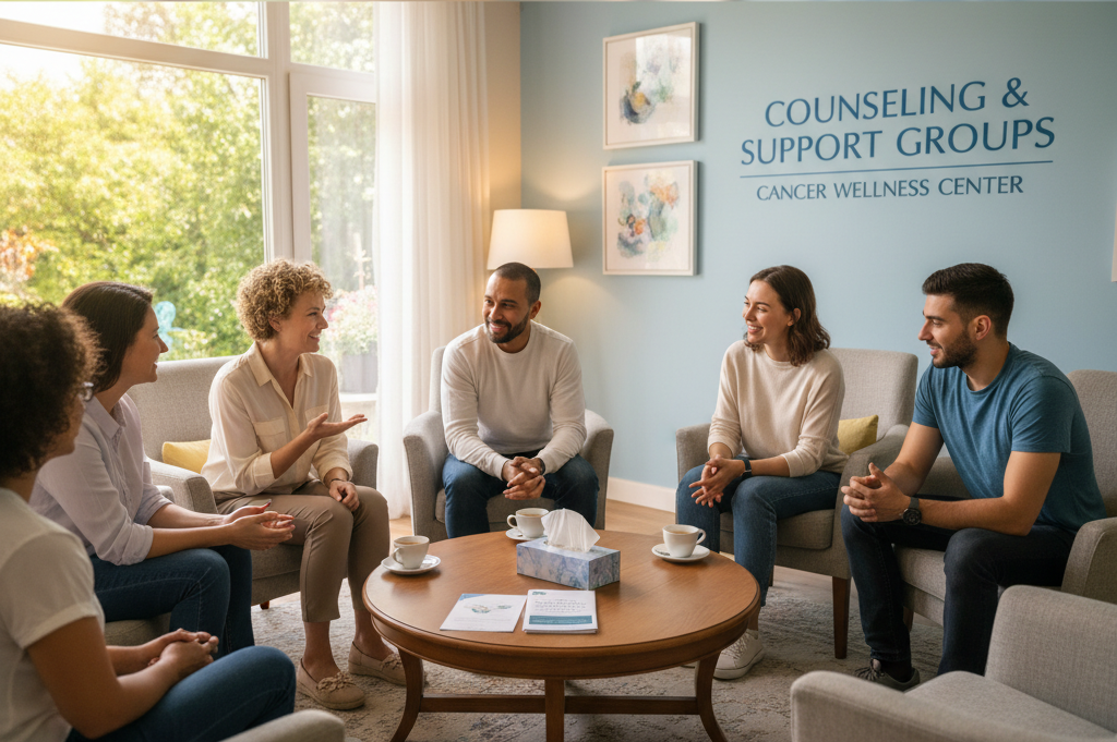 A small group of adults sit in a circle in a bright room, smiling and talking. A sign on the wall reads "Counseling & Support Groups, Cancer Wellness Center." Tissues and pamphlets are on the table.