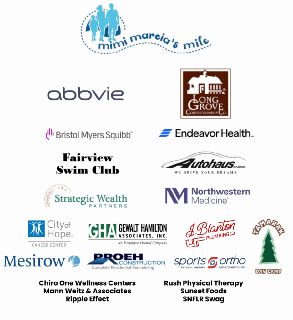 A group of business and organization logos arranged together under “mimi marcia’s mile”. Includes AbbVie, Long Grove Construction, Bristol Myers Squibb, Endeavor Health, and others, plus a city and day camp logo.