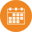 An orange circle with a white outline of a calendar, featuring three rings at the top and a grid representing days.
