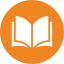 An orange circle with a white icon of an open book in the center, symbolizing reading or education.