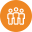 White icon of three simplified human figures standing side by side inside an orange circle. The central figure is slightly larger than the other two.