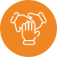 Three hands stacked together in a gesture of teamwork or unity, illustrated with white lines on an orange circular background.