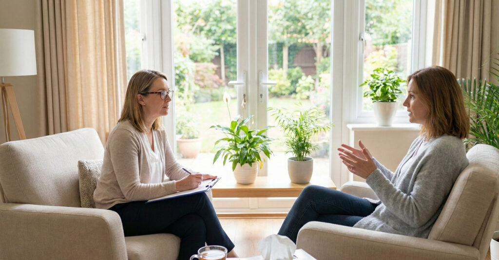Two women sit facing each other in a bright, cozy living room; one woman listens and takes notes, while the other gestures as she speaks. Houseplants and large windows with a garden view are in the background.
