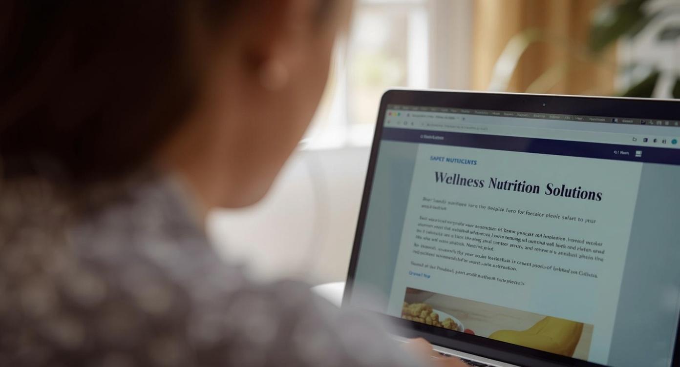 A person is using a laptop, viewing a website titled "Wellness Nutrition Solutions," with sections of text and an image of healthy food visible on the screen. The person is slightly out of focus in the foreground.