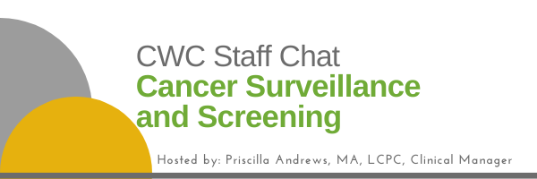 Banner with text: "CWC Staff Chat Cancer Surveillance and Screening. Hosted by: Priscilla Andrews, MA, LCPC, Clinical Manager." Gray and yellow semi-circle shapes are in the background.