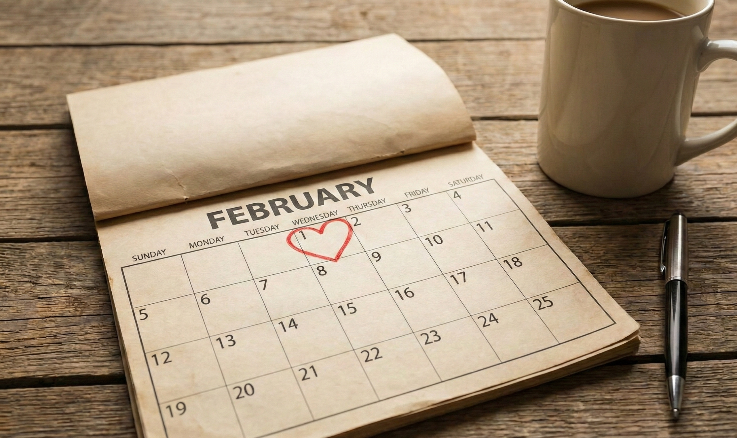 An open calendar showing February with the 14th circled in red and a heart drawn around the date, next to a cup of coffee and a pen on a wooden table.