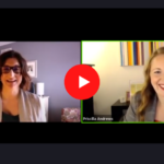 Two women in a video call, each in their own home office. The left woman has dark hair and glasses, and the right woman has long blonde hair and is smiling broadly. A red play button is in the center.