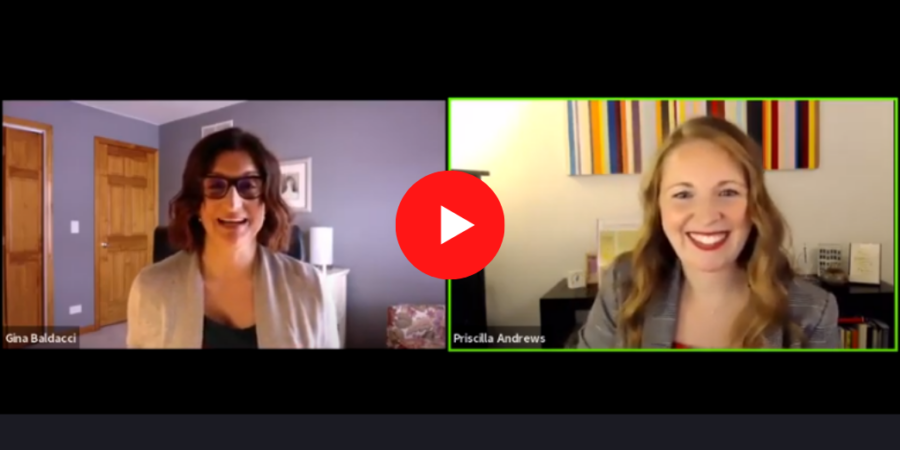 Two women in a video call, each in their own home office. The left woman has dark hair and glasses, and the right woman has long blonde hair and is smiling broadly. A red play button is in the center.