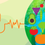 An illustrated stethoscope with a heartbeat line leads to a colorful assortment of fruits and vegetables, symbolizing the connection between healthy eating and wellness. The background features soft green and yellow hues.