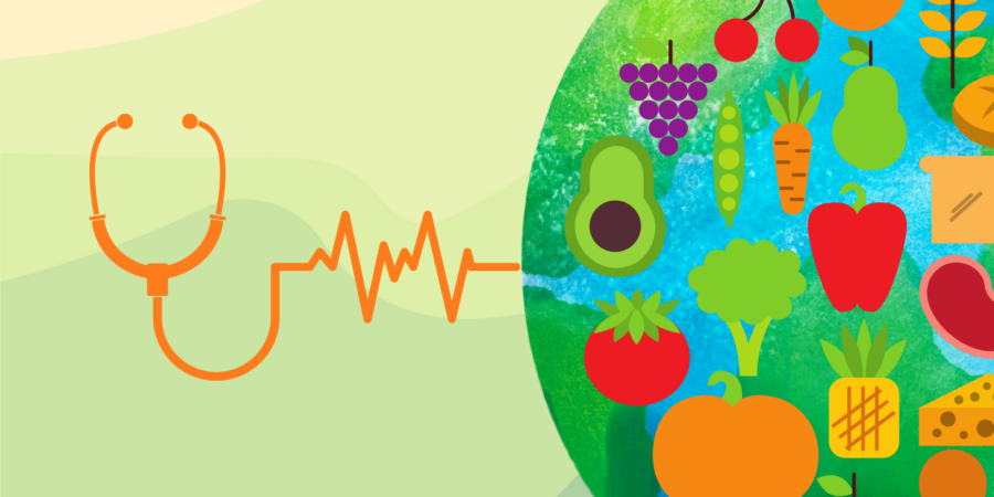 An illustrated stethoscope with a heartbeat line leads to a colorful assortment of fruits and vegetables, symbolizing the connection between healthy eating and wellness. The background features soft green and yellow hues.