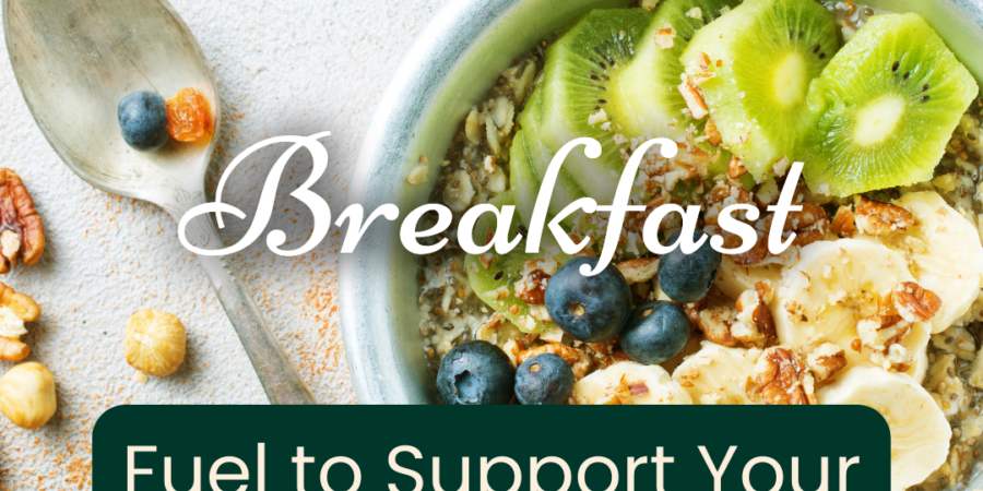 A bowl of oatmeal topped with kiwi, banana slices, blueberries, and nuts sits next to a spoon and scattered nuts. Text reads: “Breakfast. Fuel to Support Your Healthy Day.”.