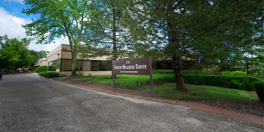 A brown sign reading "Campus Wellness Center" stands in front of a beige brick building surrounded by green trees and shrubs, along a paved driveway under a partly cloudy sky.
