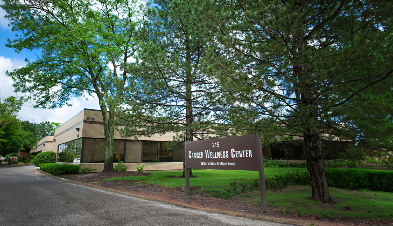 A brown sign reading "Campus Wellness Center" stands in front of a beige brick building surrounded by green trees and shrubs, along a paved driveway under a partly cloudy sky.