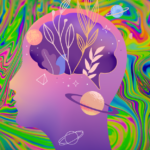 A colorful abstract image of a human head silhouette filled with plants, stars, and planets, set against a vibrant, swirling psychedelic background in shades of green, yellow, and pink.