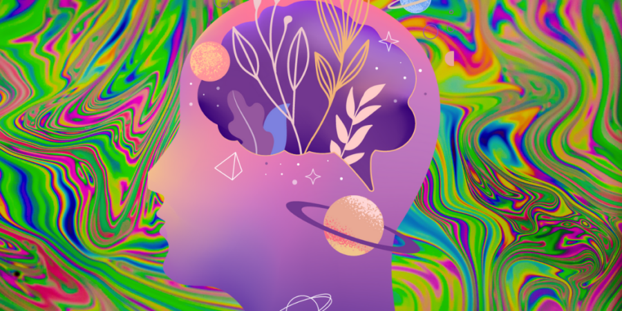 A colorful abstract image of a human head silhouette filled with plants, stars, and planets, set against a vibrant, swirling psychedelic background in shades of green, yellow, and pink.