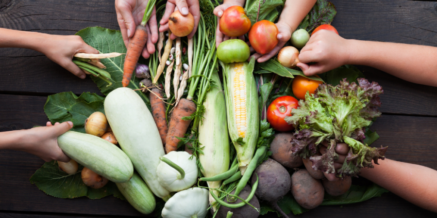 A group of hands reaching toward a variety of fresh vegetables on a wooden table, including zucchini, carrots, corn, tomatoes, onions, lettuce, potatoes, and green beans.