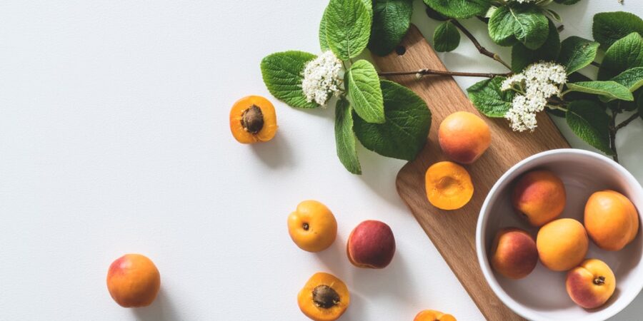 A white bowl with apricots sits on a wooden board next to green leaves and white flowers. Several whole and halved apricots are scattered on a white surface.
