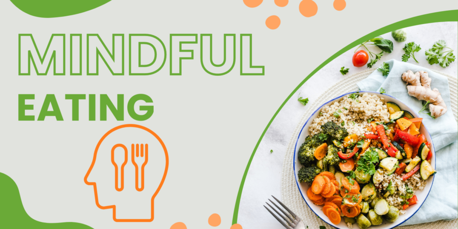 A colorful bowl of vegetables and grains sits next to the words "Mindful Eating," with a silhouette of a head and utensils inside, all on a light background with green and orange accents.