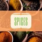Wooden bowls of various colorful ground spices and peppercorns surround a central label reading “SPICES” in green letters on a cream background with orange border.