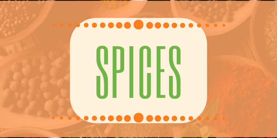Wooden bowls of various colorful ground spices and peppercorns surround a central label reading “SPICES” in green letters on a cream background with orange border.