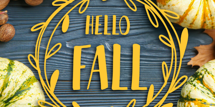 Yellow text reading "Hello Fall" in a decorative wreath overlay on a wooden surface, surrounded by green and yellow striped pumpkins, nuts, and autumn leaves.
