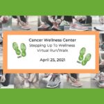 A collage of people tying sneakers surrounds a central box with text: “Cancer Wellness Center Stepping Up To Wellness Virtual Run/Walk April 25, 2021” with green shoeprints on a white and orange background.