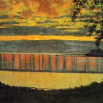 A painting of a sunset over a calm body of water, with orange and yellow clouds reflecting on the surface. Silhouetted trees and a hilly shoreline frame the scene, creating a peaceful, tranquil atmosphere.
