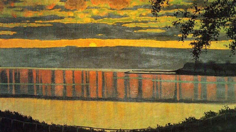 A painting of a sunset over a calm body of water, with orange and yellow clouds reflecting on the surface. Silhouetted trees and a hilly shoreline frame the scene, creating a peaceful, tranquil atmosphere.