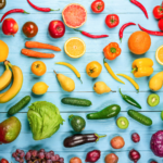 Variety of fresh fruits and vegetables, including bananas, lettuce, carrots, peppers, oranges, apples, kiwi, grapes, cucumbers, and tomatoes, arranged on a bright blue wooden surface.