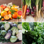 A collage of four images: assorted citrus fruits, a bunch of carrots and onions, a bowl of mixed cruciferous vegetables, and a close-up of leafy kale greens.
