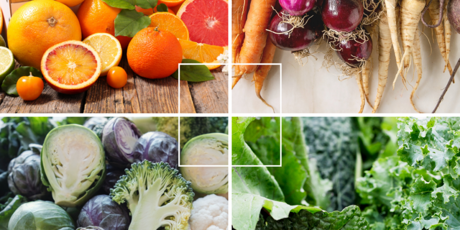 A collage of four images: assorted citrus fruits, a bunch of carrots and onions, a bowl of mixed cruciferous vegetables, and a close-up of leafy kale greens.