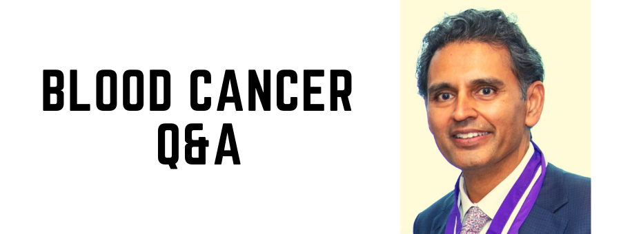 A man in a suit and purple ribbon smiles beside bold text that reads "BLOOD CANCER Q&A" on a white background.