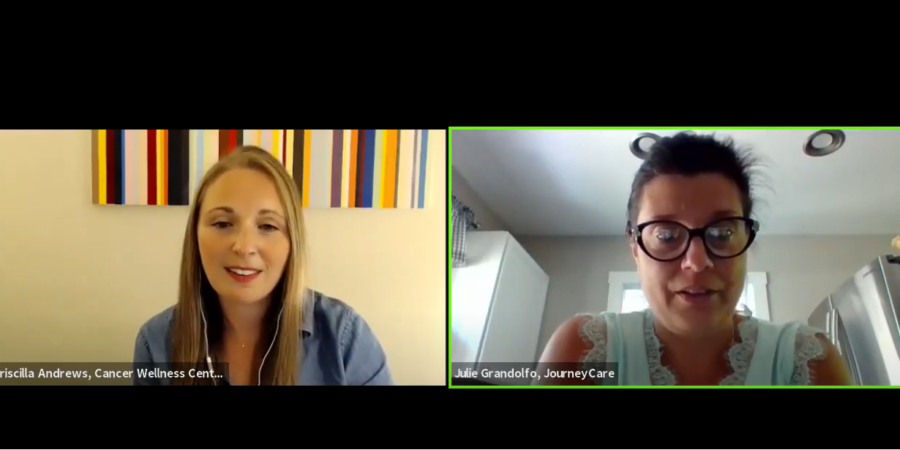 Two women in a video call. The woman on the left has long blonde hair and is seated in front of a striped painting. The woman on the right has dark hair, glasses, and is in a kitchen. Both names are shown on the screen.