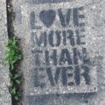 Black stencil graffiti on pavement reads "LOVE MORE THAN EVER," with a heart symbol replacing the letter "O" in "LOVE." Small green plants grow from cracks on the left.