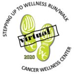 Logo for the Cancer Wellness Center’s “Stepping Up to Wellness Run/Walk.” Two green shoeprints are marked “CWC.” “Virtual” is stamped across the center. The year “2020” appears below the shoeprints.
