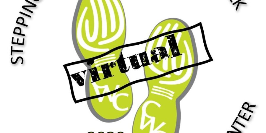 Logo for the Cancer Wellness Center’s “Stepping Up to Wellness Run/Walk.” Two green shoeprints are marked “CWC.” “Virtual” is stamped across the center. The year “2020” appears below the shoeprints.