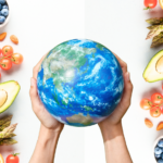 Two hands hold a model of the Earth, surrounded by a colorful assortment of fresh fruits, vegetables, nuts, and seeds on both sides, symbolizing healthy eating and global sustainability.