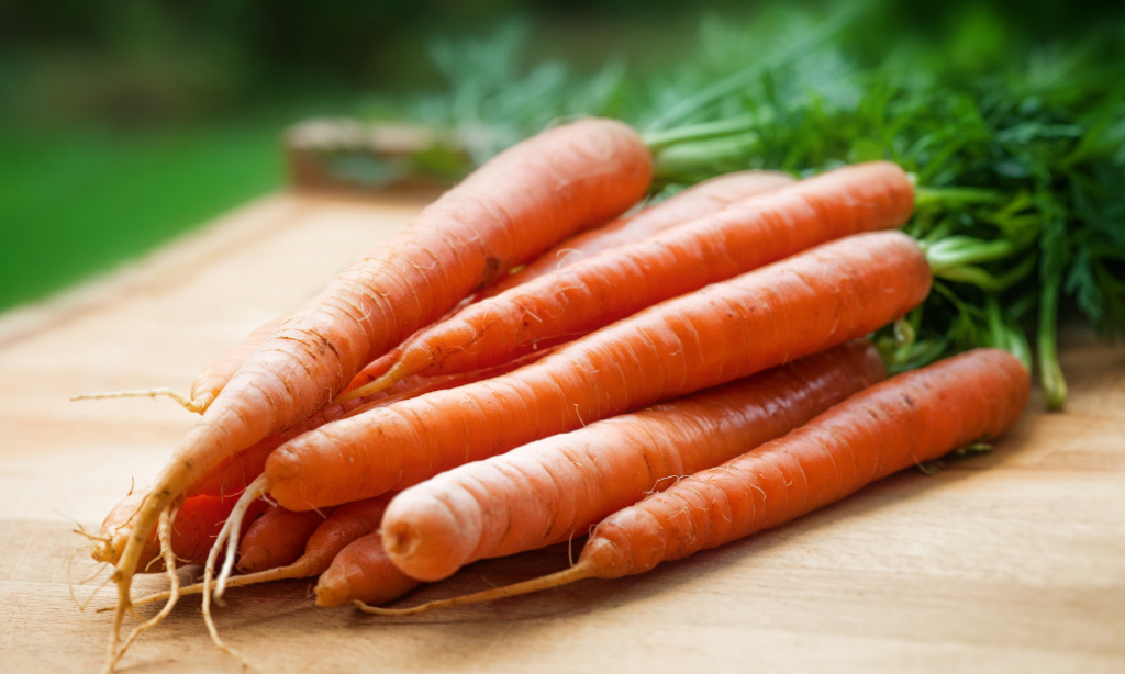 A bunch of fresh, unpeeled carrots with green tops attached, lying on a wooden surface outdoors with a blurred green background.