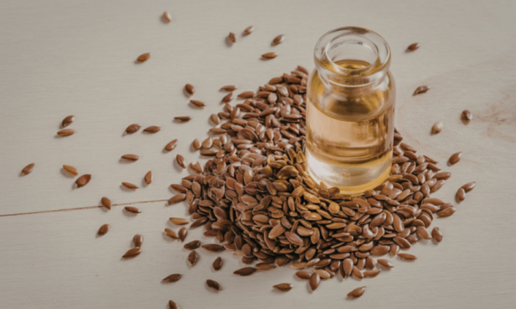 A small glass bottle filled with golden oil is placed on a pile of brown flax seeds, with some seeds scattered on a light wooden surface.
