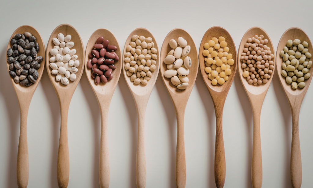 Eight wooden spoons, each filled with a different type of bean or legume, are neatly arranged in a row on a light surface. The legumes vary in color and shape, showcasing a variety of textures.