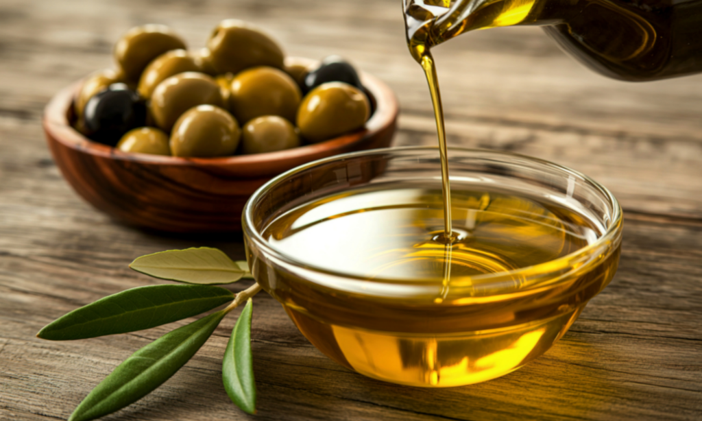 A glass bowl filled with olive oil sits on a wooden table, with oil being poured into it. In the background, a wooden bowl contains green and black olives, and a few olive leaves are nearby.