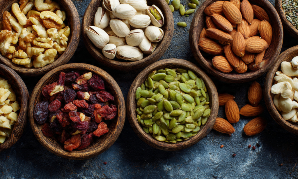 Wooden bowls filled with a variety of nuts and seeds, including walnuts, pistachios, almonds, dried cranberries, pumpkin seeds, and cashews, arranged on a dark textured surface.