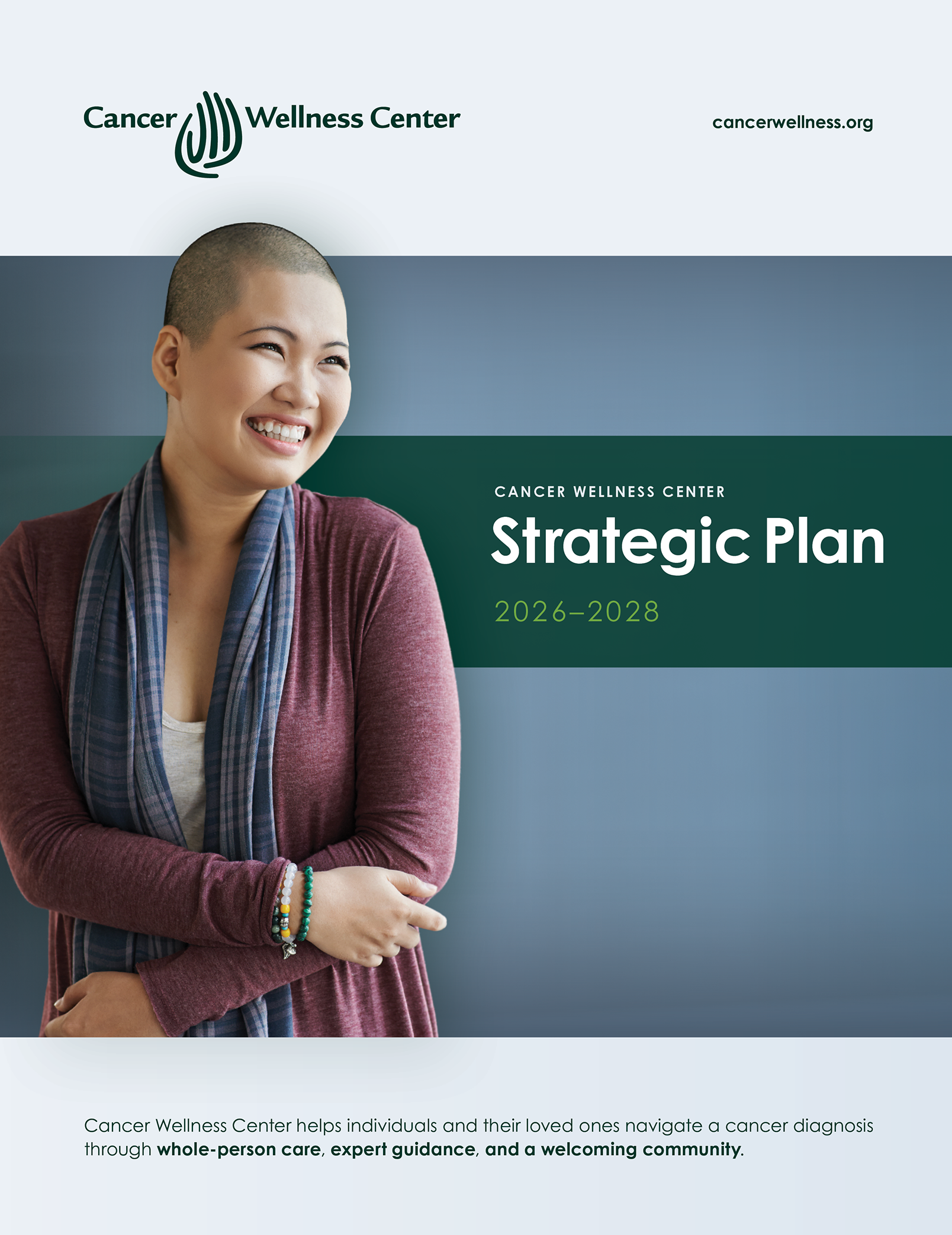 A smiling woman with a shaved head stands with arms folded, wearing a striped top and scarf, featured on the Cancer Wellness Center Strategic Plan 2026–2028 cover. The background is teal with the center’s logo and website.