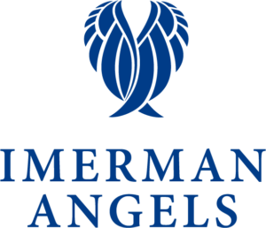 The Imerman Angels logo features a stylized blue angel wing design above the words "IMERMAN ANGELS" in bold, uppercase blue letters.