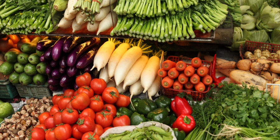 A colorful display of fresh vegetables at a market, including tomatoes, carrots, eggplants, radishes, cilantro, avocados, green beans, and leafy greens neatly arranged in piles.